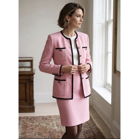 St. John Pants - St. John TEXTURED KNIT 2pc SUIT JACKET+SKIRT Sz 6 PALE PINK CHIC